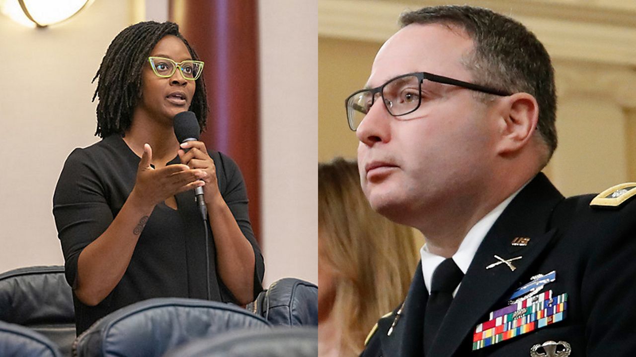 State Rep. Angie Nixon (left) and Alex Vindman (right). (Spectrum News and AP Photo)