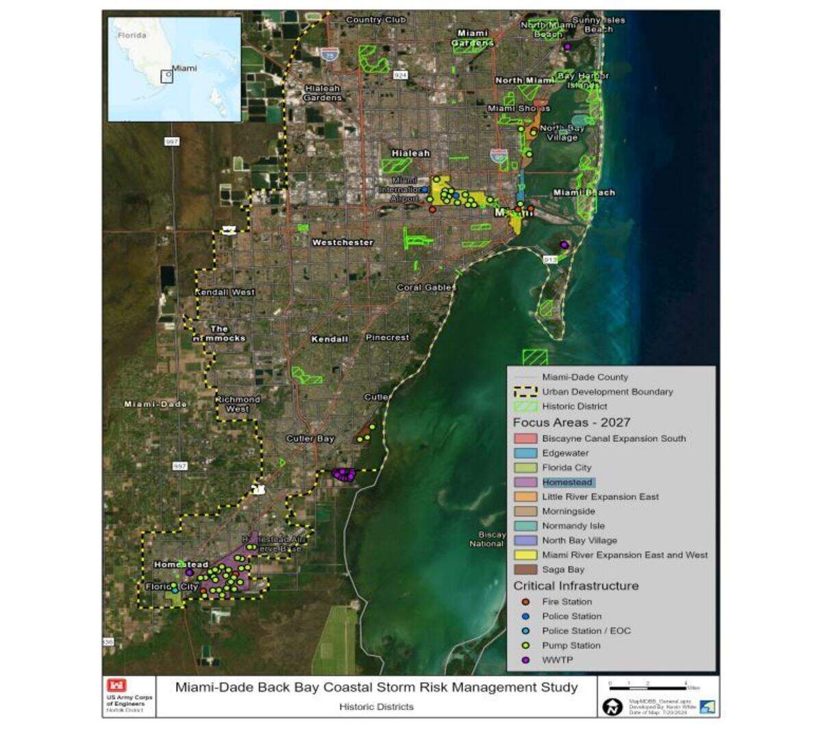 This map shows the areas targeted for home elevations and floodproofing of critical infrastructure in the newest Army Corps plan to protect Miami-Dade from rising seas and stronger hurricanes.