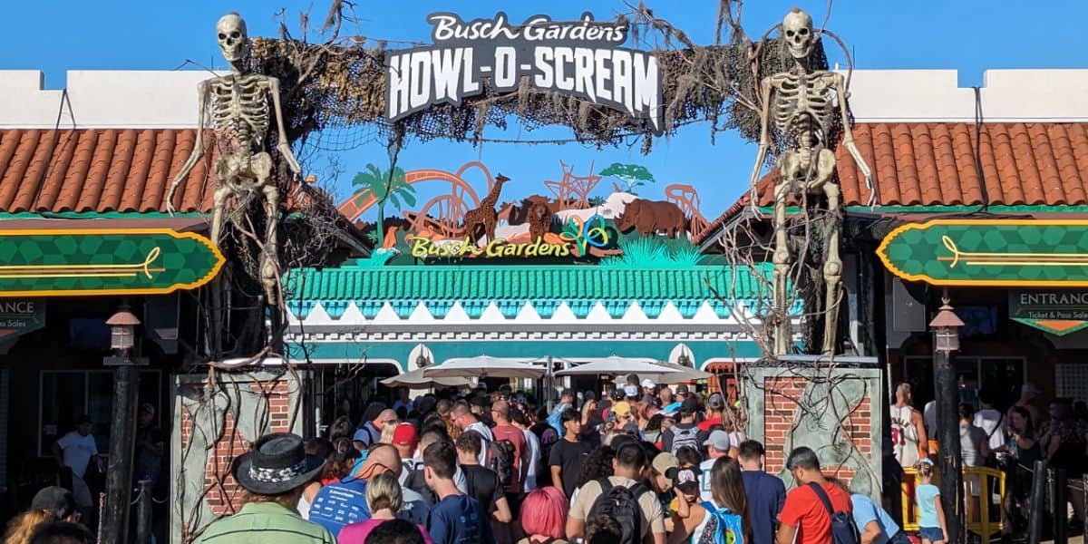 Crowds at the entrance to Busch Gardens Tampa Bay during Howl-O-Scream, one of the major Florida theme parks.