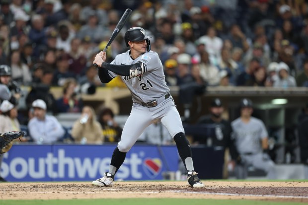 Austin Hays #21 of the Chicago White Sox at bat during a game against the San Diego Padres at Petco Park on May 01, 2026 in San Diego, California. (Photo by Sean M. Haffey/Getty Images)