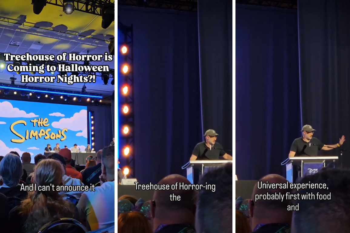 Creators of the Simpsons sitting at a table and podium on a stage in front of a screen displaying the Simpsons logo.
