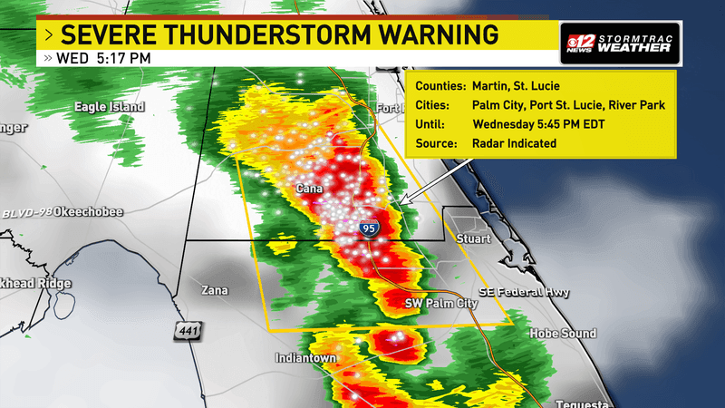 A Severe Thunderstorm Warning is in effect for Martin and St. Lucie counties until 5:45 p.m. on Wednesday evening.