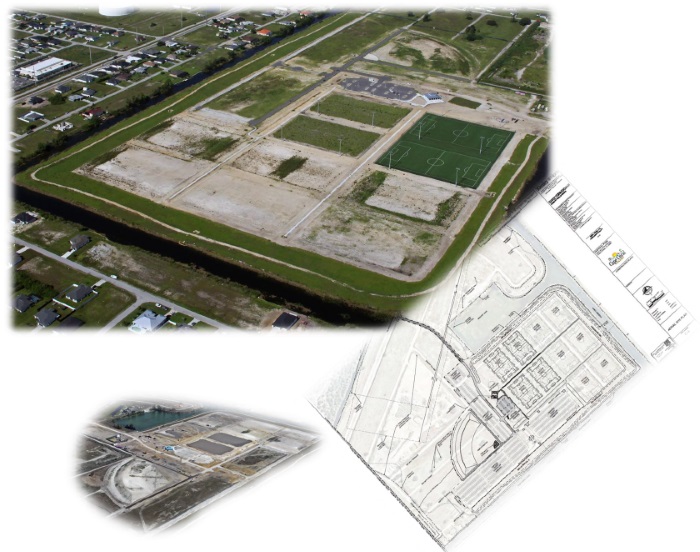 Composite of three images: an aerial view of festival park with grass and several plots under construction, another aerial without grass and plots under construction, and a thumbnail of the proposed map of the park