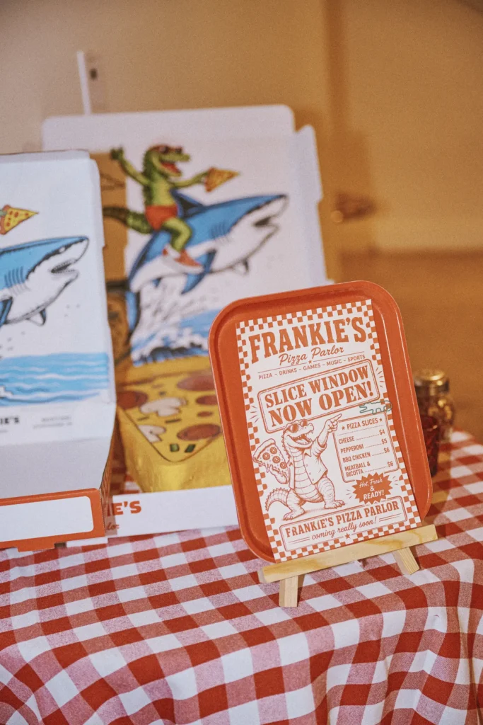 Frankie's pizza parlor menu and pizza boxes