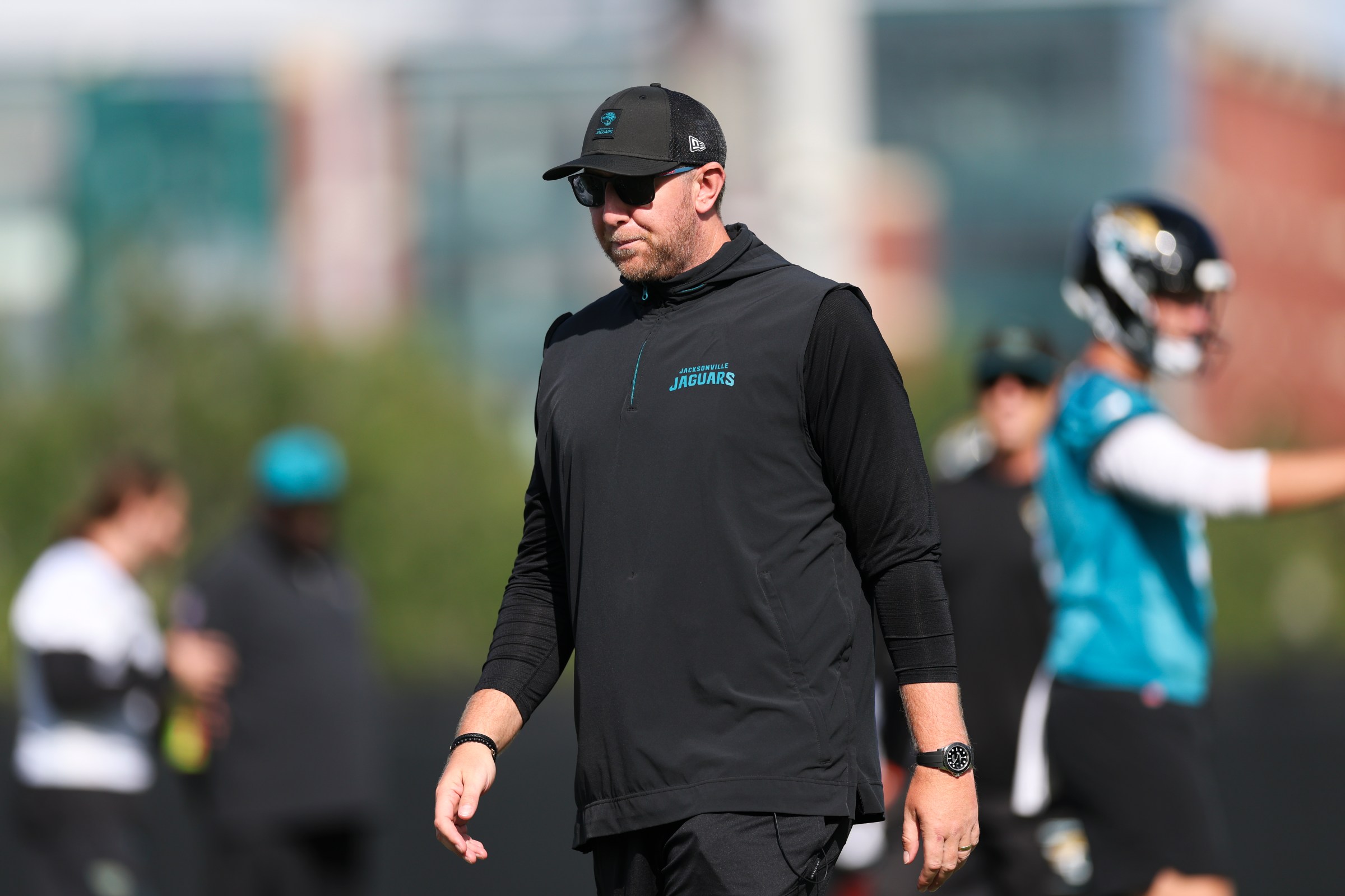 JACKSONVILLE, FLORIDA - JUNE 5: Head coach Liam Coen of the Jacksonville Jaguars looks on during a NFL Organized Team Activities (OTAs) offseason practice at Miller Electric Center on June 5, 2025 in Jacksonville, Florida. (Photo by Logan Bowles/Getty Images)