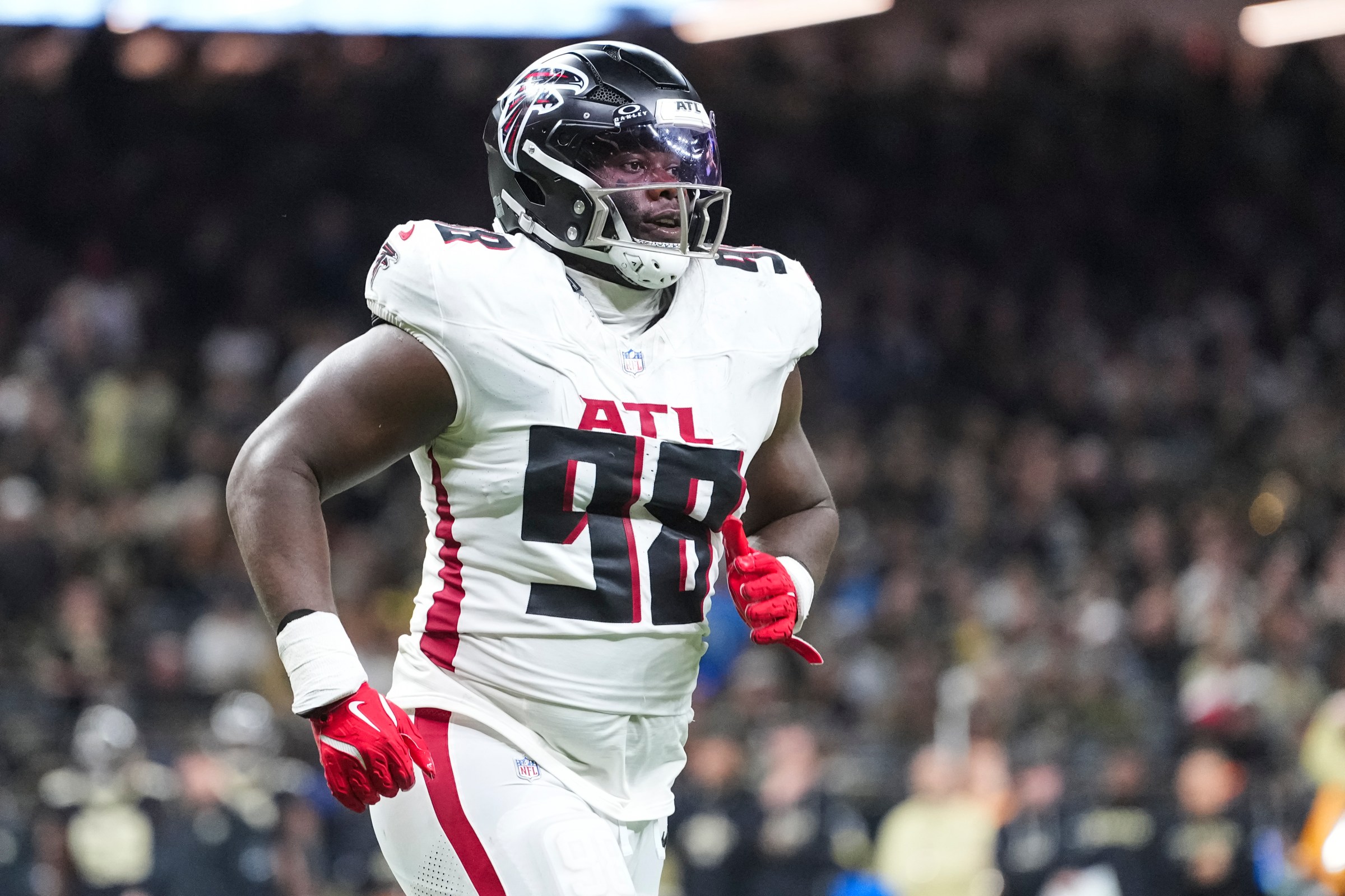 NEW ORLEANS, LOUISIANA - NOVEMBER 23: Ruke Orhorhoro #98 of the Atlanta Falcons runs across the field during an NFL football game against the New Orleans Saints at Caesars Superdome on November 23, 2025 in New Orleans, Louisiana. (Photo by Perry Knotts/Getty Images)