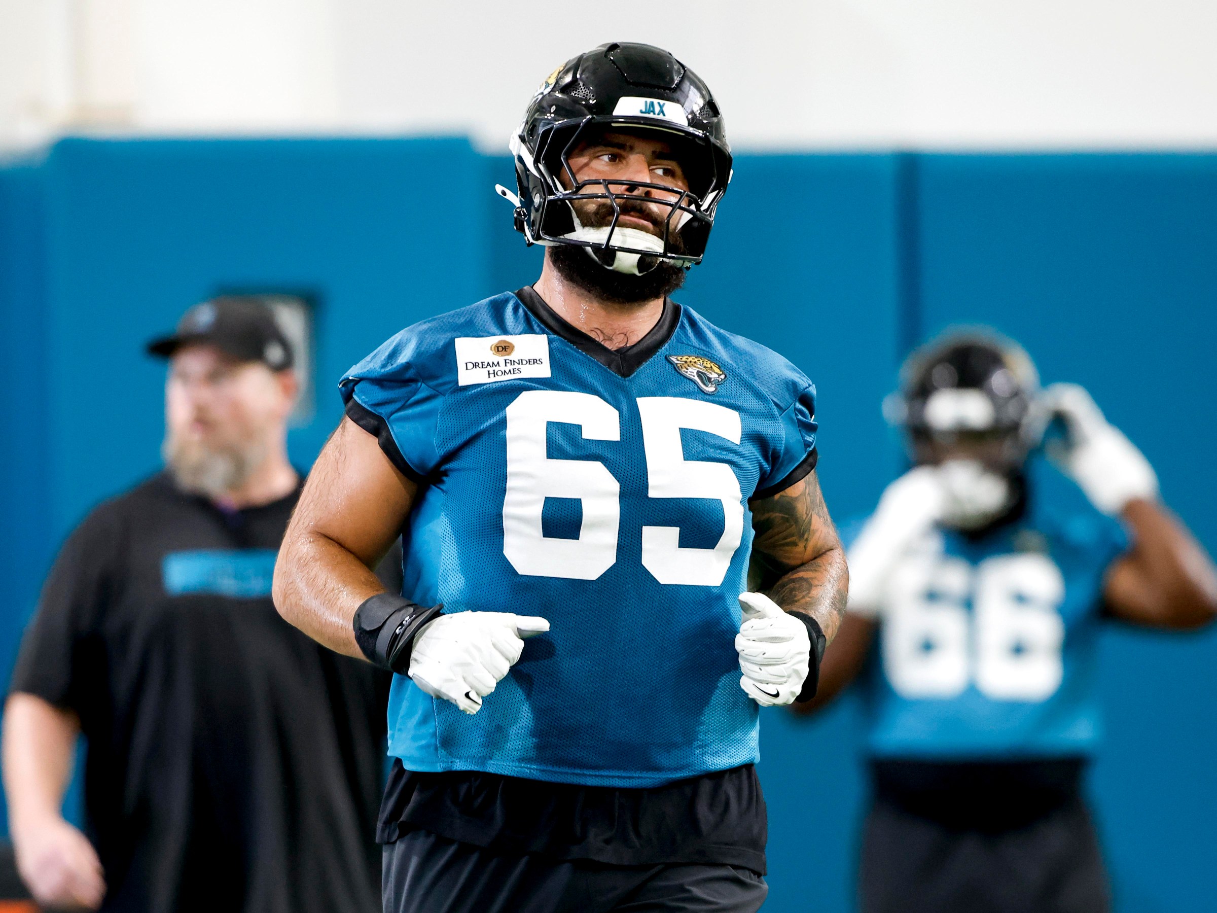 JACKSONVILLE, FL - MAY 26: Offensive Lineman Patrick Mekari #65 of the Jacksonville Jaguars goes through workout drills during OTA Offseason Workouts at Miller Electric Center on May 26, 2026 in Jacksonville, Florida. (Photo by Don Juan Moore/Getty Images)