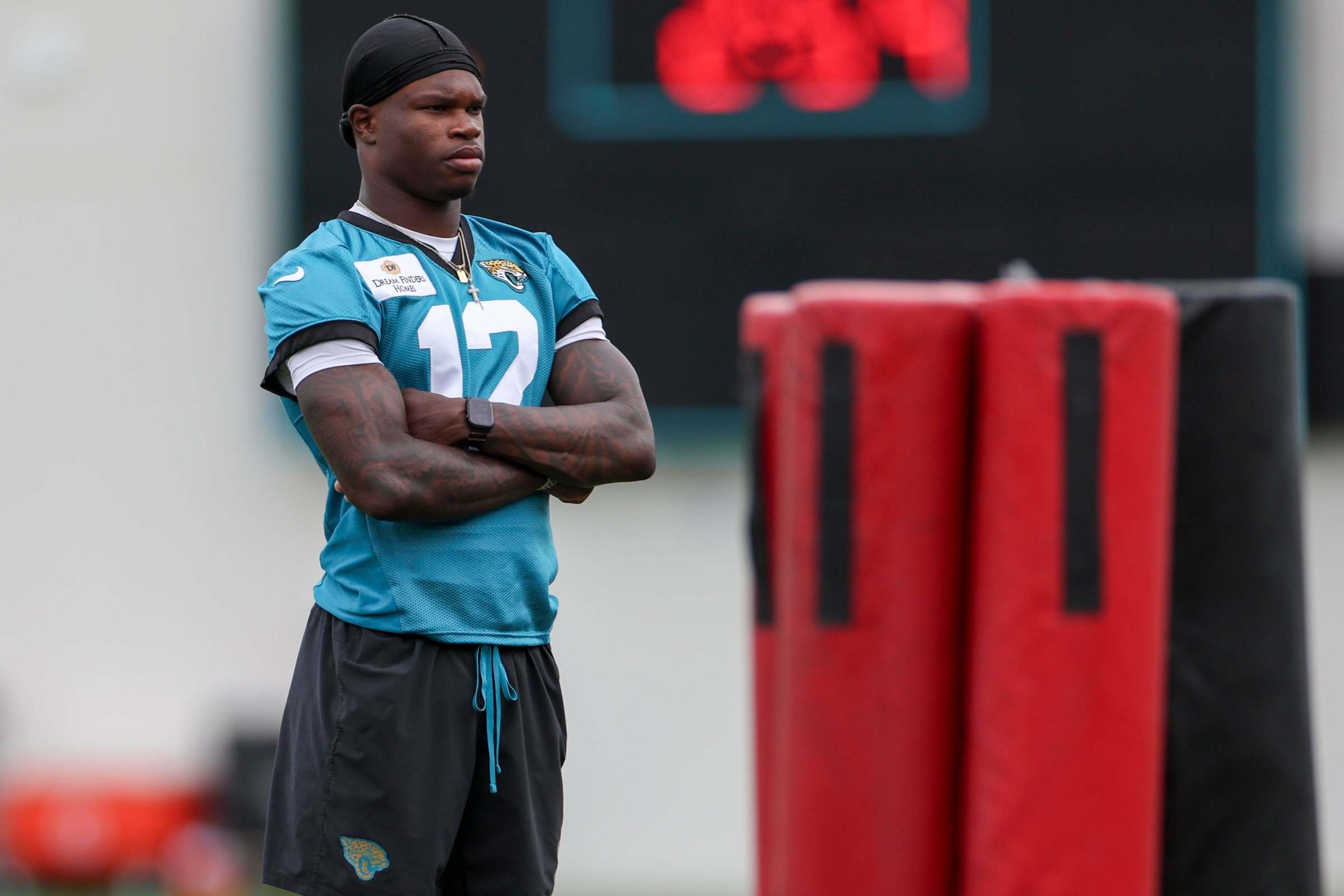 JACKSONVILLE, FL - JUNE 09: Jacksonville Jaguars wide receiver Travis Hunter (12) looks on during Minicamp on June 9, 2026 at Miller Electric Center in Jacksonville, Fl. (Photo by David Rosenblum/Icon Sportswire via Getty Images)