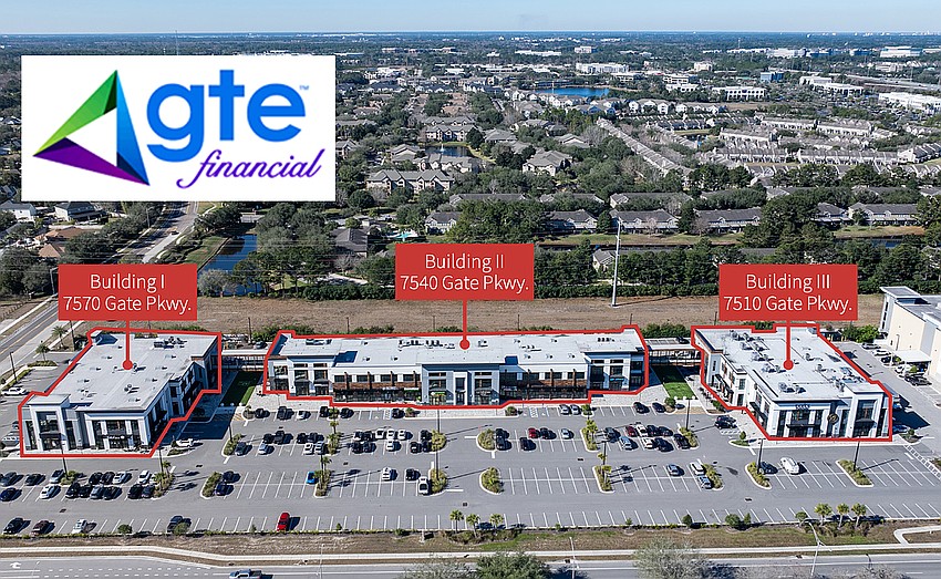 A flyer by commercial real estate firm JLL shows the three buildings at The Palms at Gate Parkway. GTE Financial wants to build out in Unit 105 in 7570 Gate Parkway, the building at left. JLL is representing landlord Ash Properties on leasing the office space on the second floor. A flyer by commercial real estate firm JLL shows the three buildings at The Palms at Gate Parkway. GTE Financial wants to build out in Unit 105 in 7570 Gate Parkway, the building at left. JLL is representing landlord Ash Properties on leasing the office space on the second floor.