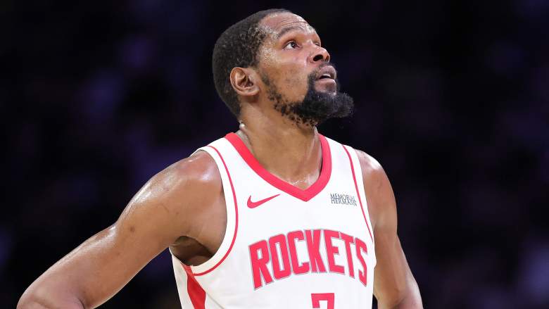 Kevin Durant reacts during a Houston Rockets game after discussing his basketball future.
