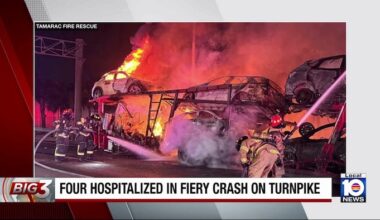 4 injured in fiery crash on Florida’s Turnpike in Broward