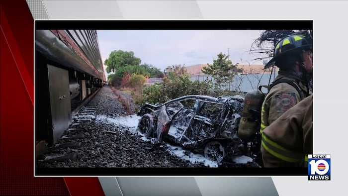 Car catches fire after crash with Amtrak train in Oakland Park