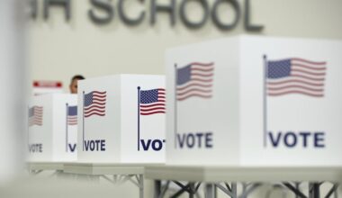 A voter in a high school polling location during the 2024 presidential election.