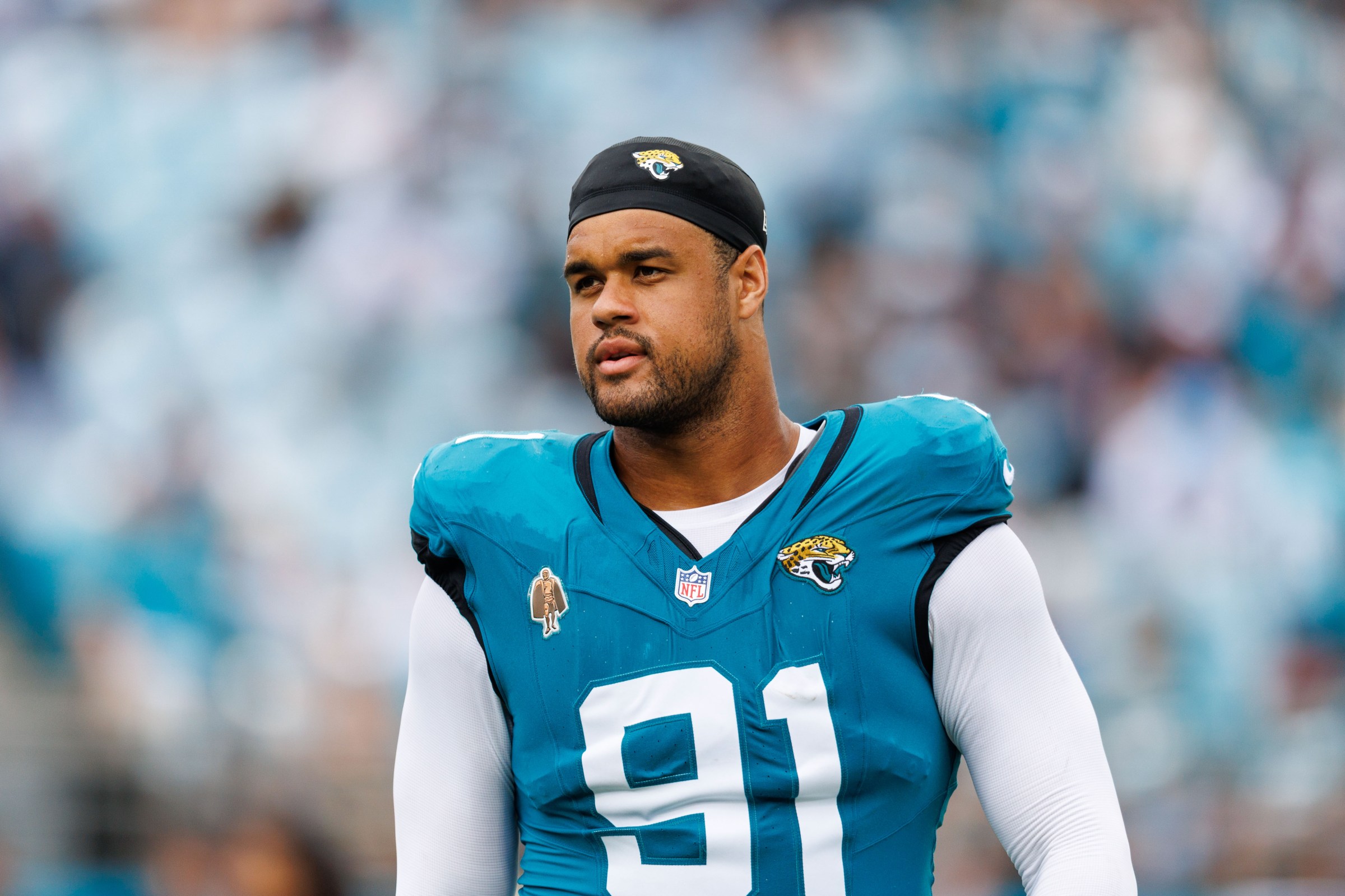 Sep 7, 2025; Jacksonville, Florida, USA; Jacksonville Jaguars defensive tackle Arik Armstead (91) against the Carolina Panthers at EverBank Stadium. Mandatory Credit: Morgan Tencza-Imagn Images
