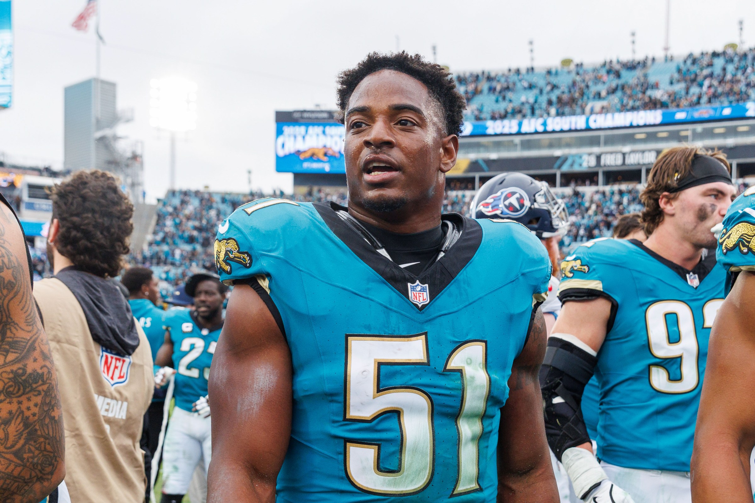 Jan 4, 2026; Jacksonville, Florida, USA; Jacksonville Jaguars linebacker Ventrell Miller (51) after the game against the Tennessee Titans at EverBank Stadium. Mandatory Credit: Morgan Tencza-Imagn Images