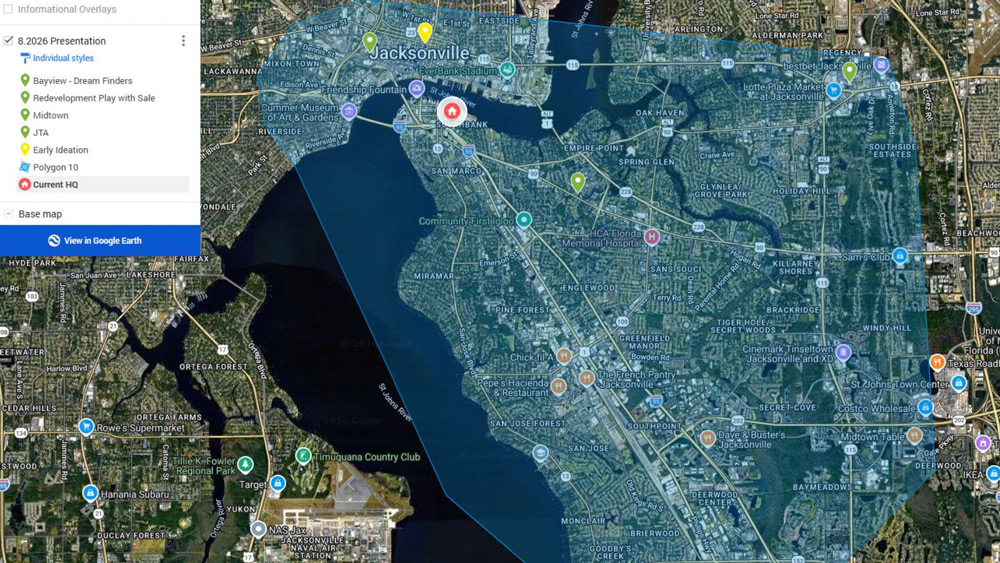A map of Jacksonville shows where the district is searching for a new headquarters building.