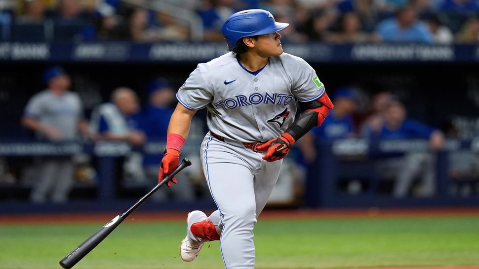 Toronto Blue Jays' Kazuma Okamoto, of Japan, watches his home run off Tampa Bay Rays pitcher Steven Matz during the fifth inning of a baseball game Tuesday, Aug. 18, 2026, in St. Petersburg, Fla. (AP Photo/Chris O'Meara)
