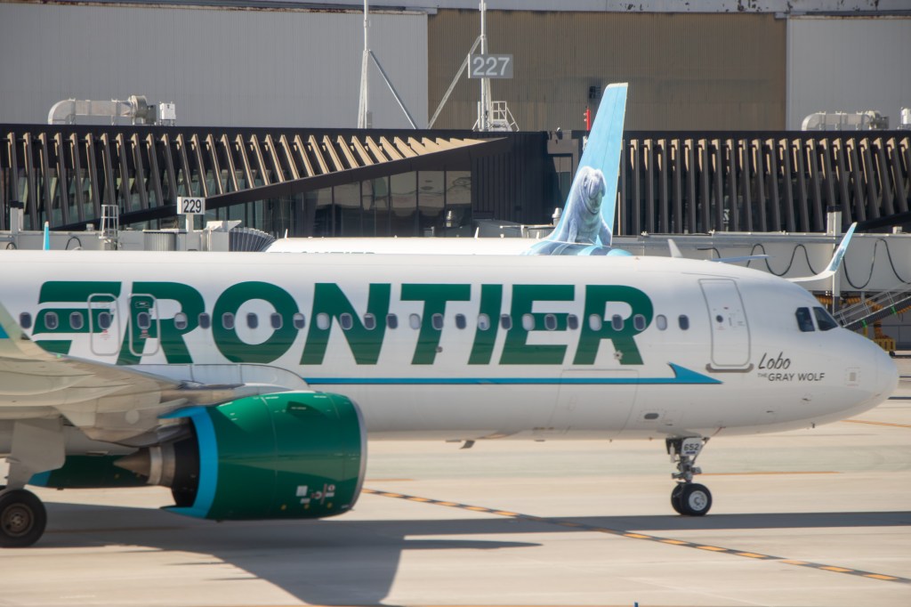 Frontier Airbus A320 "Lobo the Gray Wolf" on the taxiway at Los Angeles International Airport (LAX).