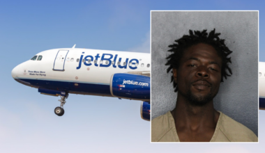 a collage of a man and a jetblue plane