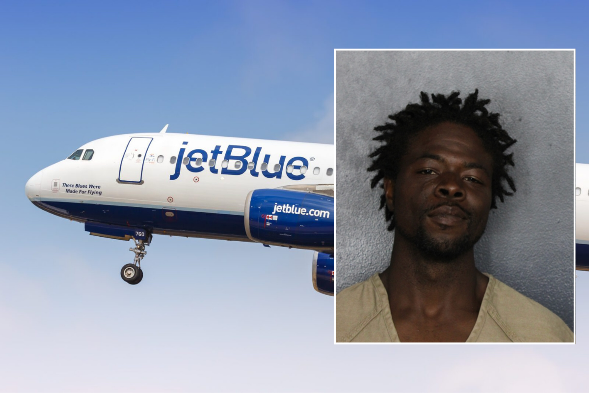 a collage of a man and a jetblue plane