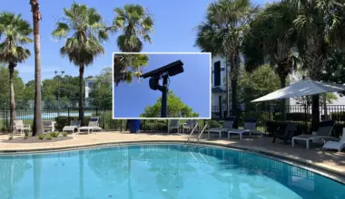 A composite image of a Flock camera looking at a swimming pool on a sunny day
