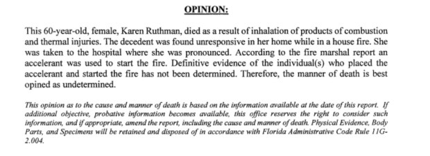 The Broward Medical Examiner's Office in an autopsy opinion wrote that the manner of death for Dr. Karen Ruthman, 60, of Plantation, was best ruled as undetermined. (Screenshot of Medical Examiner's Office public record)