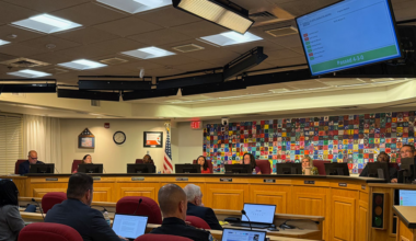 Duval School Board members sit at the dais during a meeting