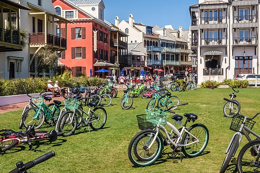 Cruiser bikes parked along a street in Rosemary Beach, Florida