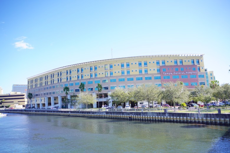 Exterior view of Tampa General Hospital along the Hillsborough River in downtown Tampa, Florida.