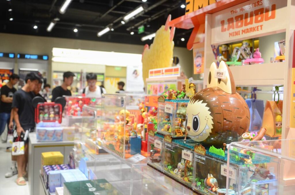 Jiangmen,Guangdong,China.14 June,2025.Closeup of Labubu Collectibles at Pop Mart.Chaotic scenes at Pop Mart across Guangdong Province as crowds scramble to purchase the sold-out Labubu collectibles.