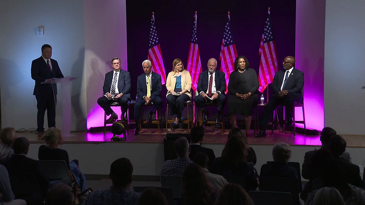 Candidates running in St. Petersburg's Mayoral Race: (Left to Right) Former Shore Acres Civic Association president Kevin Batdorf, former Congressman Charlie Crist, City Councilwoman Brandi Gabbard, former Fire Chief Jim Large, former St. Pete NAACP branch president Maria Scruggs and Current Mayor Ken Welch. (Spectrum News)