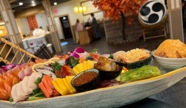 a platter of Asian food at Sushi Yama