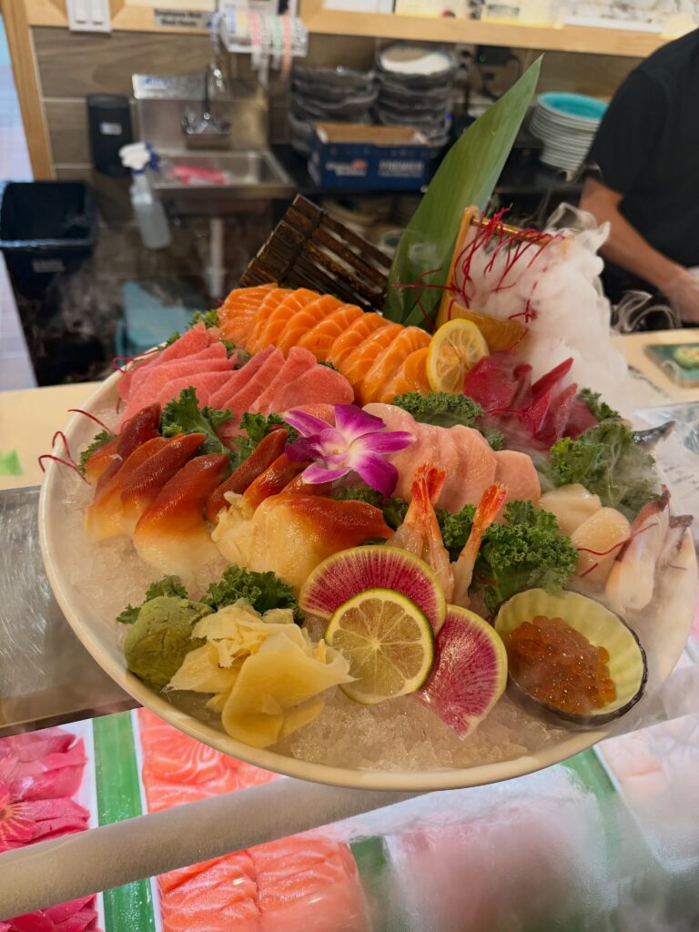 a platter of Asian food at Sushi Yama