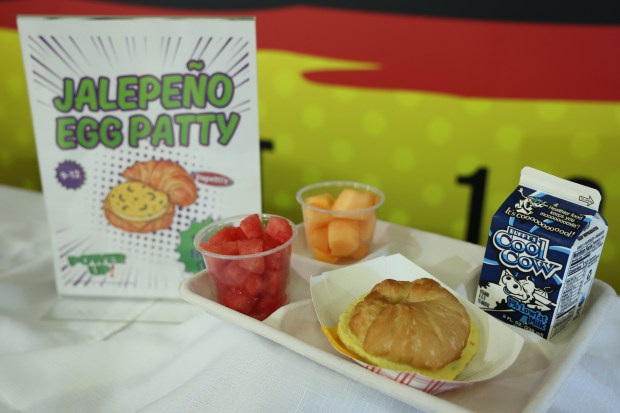A jalapeno egg patty sandwich is a new lunch menu item for Broward County schools this year. It was displayed at South Broward High School in Hollywood on Tuesday. (Amy Beth Bennett / South Florida Sun Sentinel)