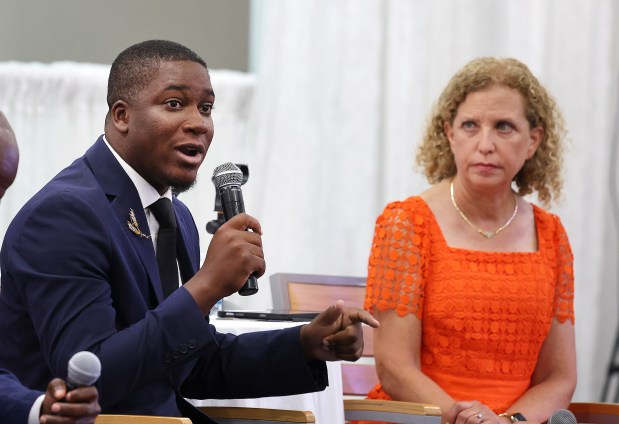 Elijah Manley, left, and U.S. Rep. Debbie Wasserman Schultz are two of the candidates in the August 2026 Democratic primary in Florida's 20th Congressional District. (Carline Jean/South Florida Sun Sentinel)