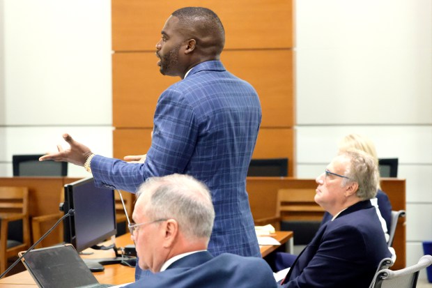 Attorney Louis Baptiste speaks in court during a hearing on an emergency motion filed by his clients, Wayne Adams and Dan Herz at the Broward County Courthouse in Fort Lauderdale on Monday, Aug. 17, 2026. (Amy Beth Bennett/South Florida Sun Sentinel)