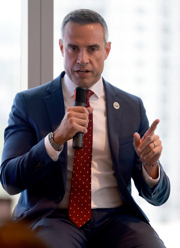 Boca Raton Mayor Andy Thomson, a panelist at the Tower Club's signature speaker series, discusses how property tax cuts would impact his city and the services it provides. (Mike Stocker/South Florida Sun Sentinel)