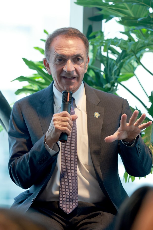 Fort Lauderdale Mayor Dean Trantalis, shown Wednesday at the Tower Club in Fort Lauderdale, discusses how the city might tackle a budget shortfall if voters approve a statewide measure to cut property taxes. (Mike Stocker/South Florida Sun Sentinel)
