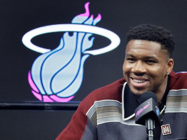 Miami Heat forward Giannis Antetokounmpo speaks to the media at the Kaseya Center in Miami on Thursday, July 16, 2026. (Mike Stocker/South Florida Sun Sentinel)