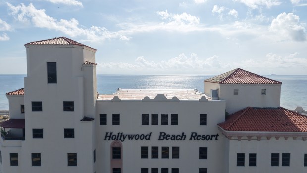 The Hollywood Beach Resort can be seen in an aerial photo on Friday. If Hollywood approves new building height caps for the barrier island, a new tower could rise 340 high or more on the same site. (Amy Beth Bennett/South Florida Sun Sentinel)