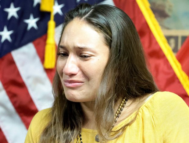 Claudia Carolina Rodriguez Caglianone, of Davie, cries as she speaks about conditions inside an ICE facility in Miramar during a press conference in Sunrise on Tuesday, Aug. 4, 2026. She was detained at the facility for eight days. (Carline Jean/South Florida Sun Sentinel)