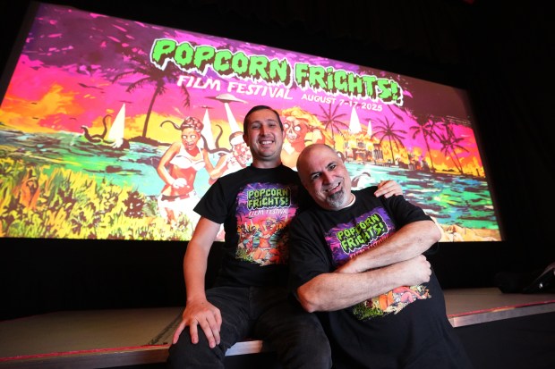 Igor Shteyrenberg, left, and Marc Ferman pose for a photo at the Gateway Theatre in Fort Lauderdale on Thursday, July 31, 2025. After 11 years of self-funded mayhem, their defiantly indie horror festival, Popcorn Frights, has grown into Broward County's largest. The event returns Aug. 7-17 with 74 feature-length and short films from 20 countries, including 15 world premieres starring Harvey Guillén, Sydney Sweeney, Elisabeth Moss, Kate Hudson, Iggy Pop and others. (Jim Rassol/Contributor)