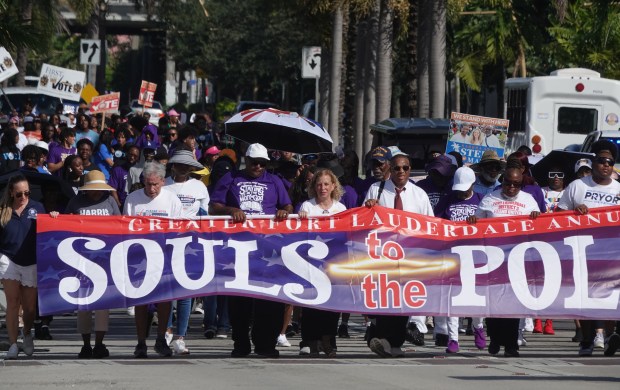 Hundreds of people participated in a Souls to the Polls march on Sistrunk Boulevard in Fort Lauderdale on Nov. 3, 2024. (Joe Cavaretta/South Florida Sun Sentinel)