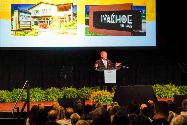 Orlando Mayor Buddy Dyer thanks an Orlando City Council commissioners during his 2026 State of the City Address at The Plaza Live in Orlando on Friday, August 14, 2026. (Rich Pope/Orlando Sentinel)