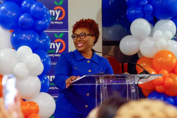Orange County mayoral candidate Tiffany Moore Russell speaks to family, friends and supporters following the projected election results during an election night watch party at Orlando Lakeside Reception Hall in Orlando on Tuesday, August 18 2026. (Rich Pope/Orlando Sentinel)