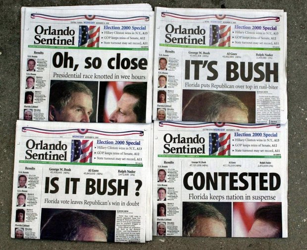 Orlando Sentinel 2000 election night headlines: The first headline was, 'Oh, so close,' followed by 'IT'S BUSH,' then 'IS IT BUSH?' and lastly 'CONTESTED.' Bush ultimately won Florida by an official count of 537 votes, putting him over the top, but a Sentinel investigation found it could have been even closer. (Orlando Sentinel file)