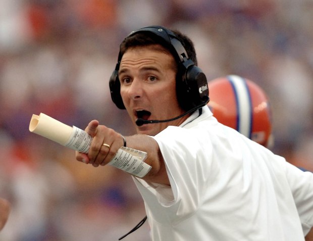 Florida coach Urban Meyer reacts during the second quarter of his Gators' debut against Wyoming Sept. 3, 2005 in Gainesville. (Phil Sandlin) ORG XMIT: GVP104