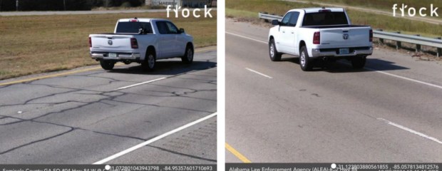 A pair of Flock camera photos of a man deputies believed was driving with the body of his deceased ex-girlfriend. The first photo, taken in rural Georgia, shows a trash bag in the truck bed, while the second photo, taken nine minutes later in Alabama, shows no bag. Investigators were able to find the human remains between the two cameras. (Orange County Sheriff's Office)