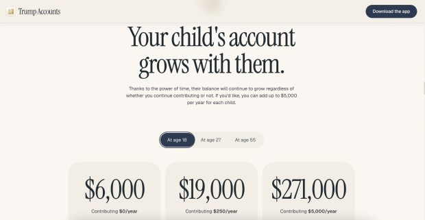 A screenshot from TrumpAccounts.com showing the White Houses' projected growth potential for Trump Accounts. (TrumpAccounts.com)