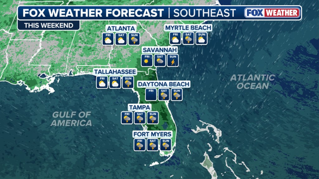 Illustration of Fox Weather forecast map showing tropical downpours and thunderstorms in Florida and the Southeast this weekend.